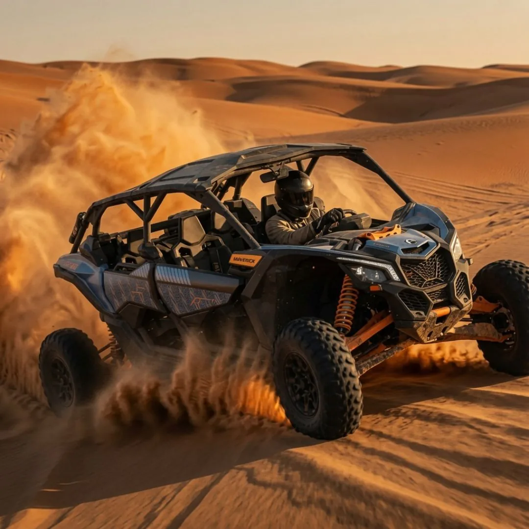 Can-Am Maverick carving turns on a desert wash