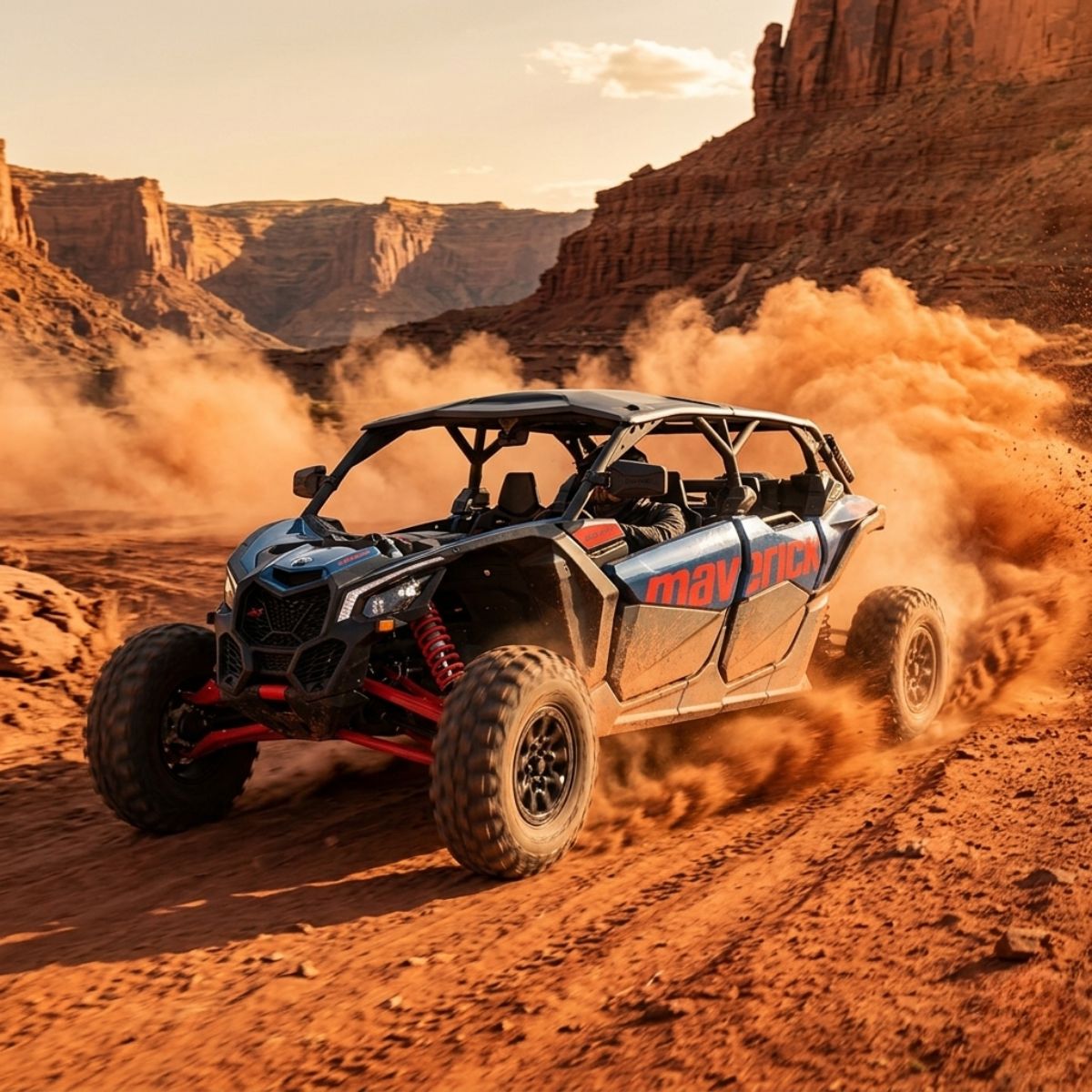 Can-Am Maverick kicking up dust through a red rock canyon trail